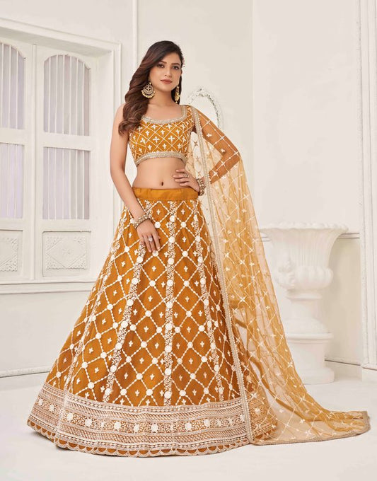 BROWN COLOR NET FABRIC LAHENGA