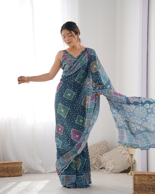 Digital Print With Beautiful Kutchi Work Mirror Lace Border Saree For Women