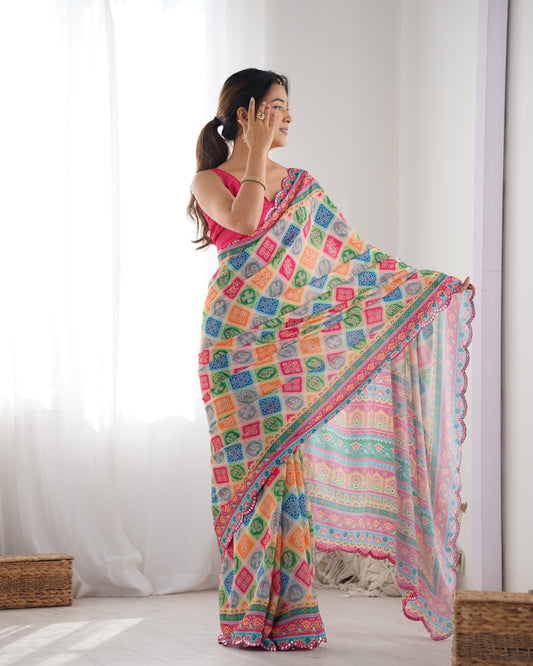 Digital Print With Beautiful Kutchi Work Mirror Lace Border Saree For Women