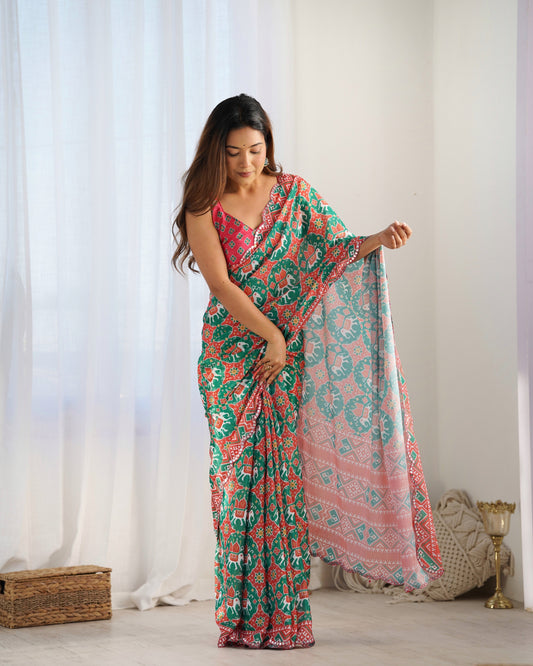 Digital Print With Beautiful Kutchi Work Mirror Lace Border Saree For Women