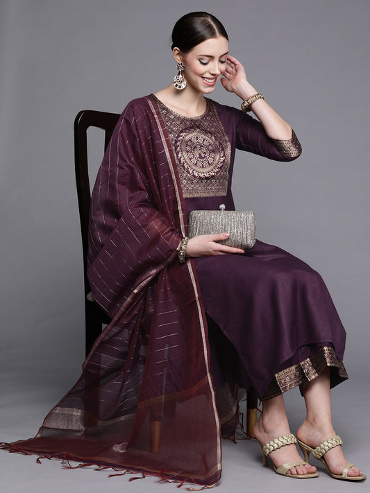 Women Solid Wine Straight Kurta Palazzo With Dupatta Set