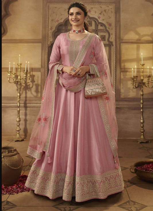 Pink Prachi Desai Silk Anarkali Gown For Women Festive Wear