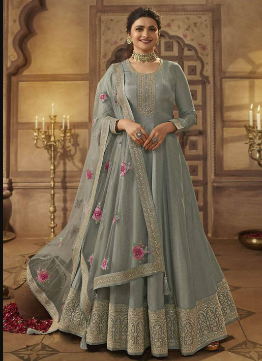 Grey Prachi Desai Silk Anarkali Gown For Women Festive Wear