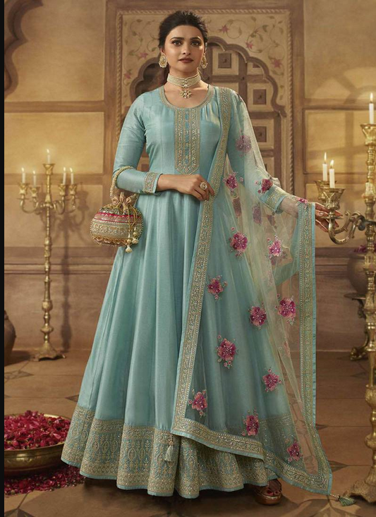 Sky Blue Prachi Desai Silk Anarkali Gown For Women Festive Wear