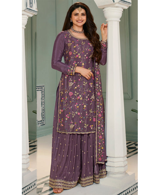 Fancy Violet Chinon Silk Straight Suit With Palazzo