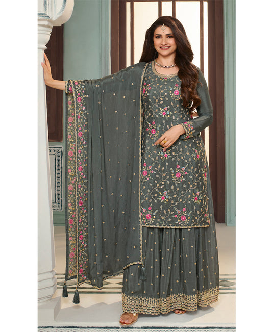 Fancy Grey Chinon Silk Straight Suit With Palazzo