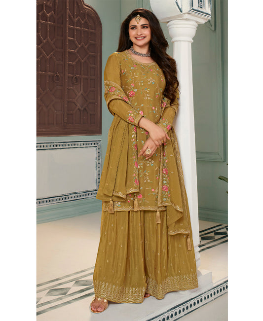 Fancy Yellow Chinon Silk Straight Suit With Palazzo