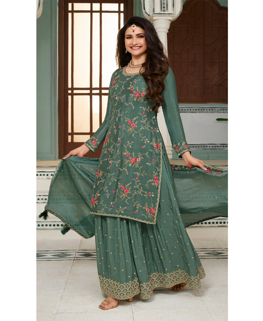 Fancy Pista Green Chinon Silk Straight Suit With Palazzo