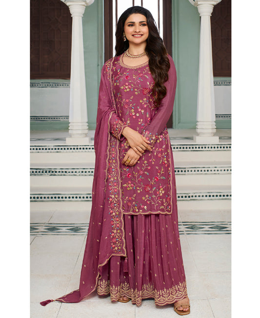 Fancy Pink Chinon Silk Straight Suit With Palazzo