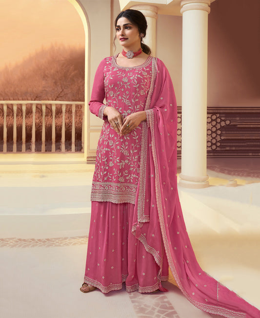 Designer Pink Festival Wear Chinon Straight Suit Collection