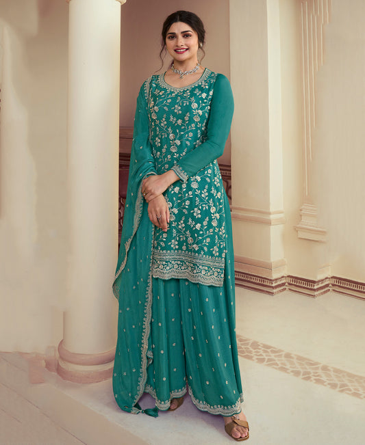 Designer Sky Blue Festival Wear Chinon Straight Suit Collection