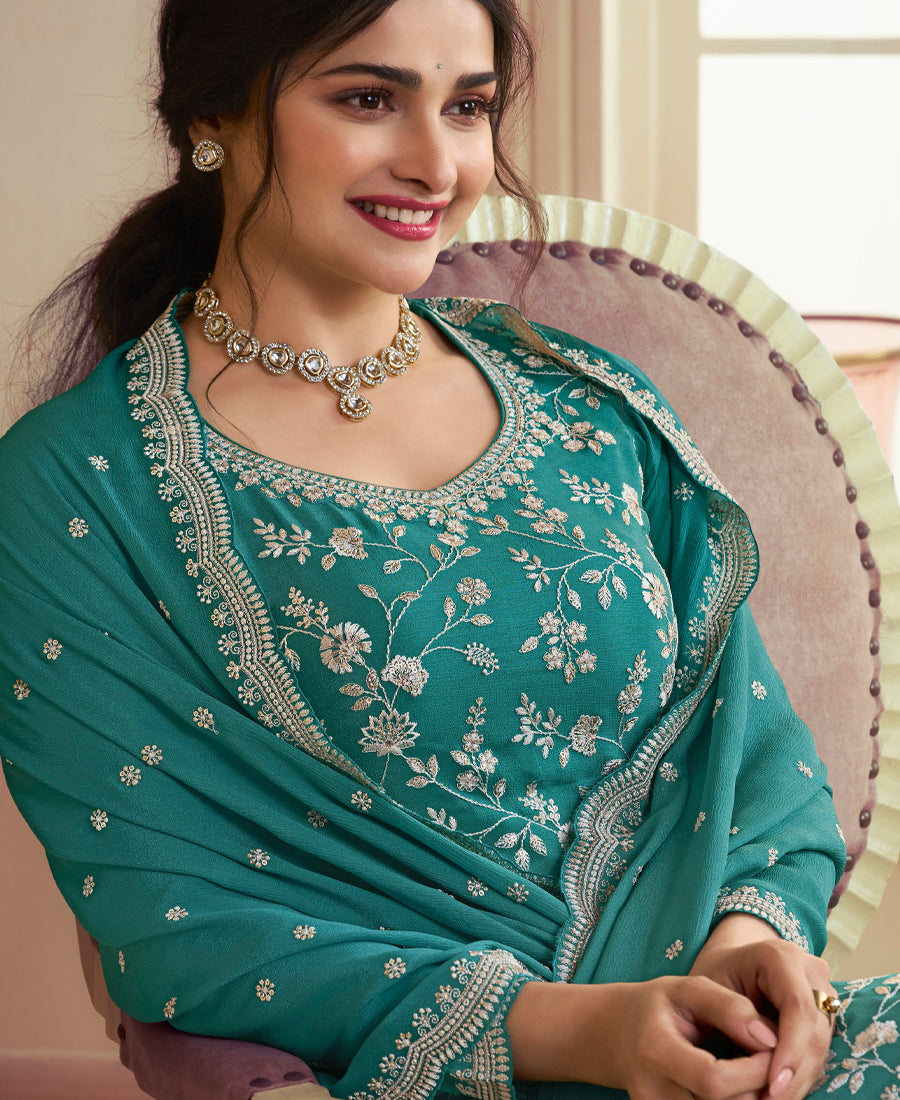 Designer Sky Blue Festival Wear Chinon Straight Suit Collection