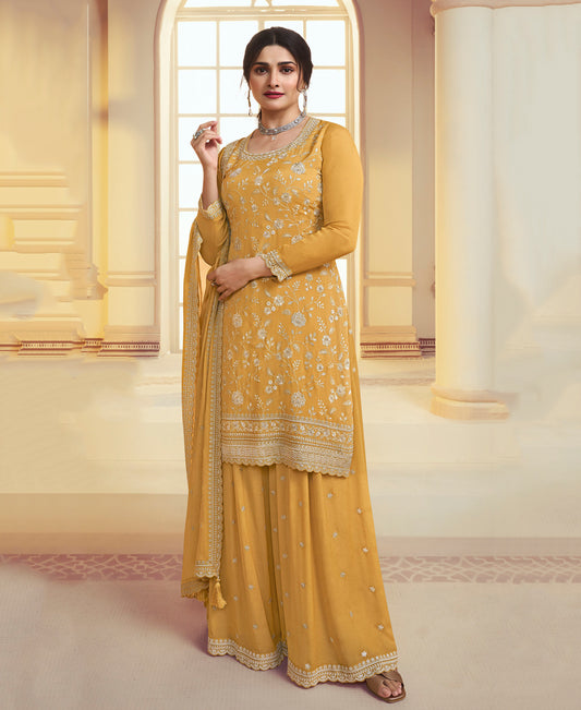 Designer Yellow Festival Wear Chinon Straight Suit Collection