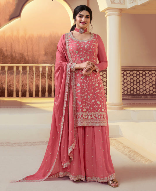 Designer Peach Festival Wear Chinon Straight Suit Collection