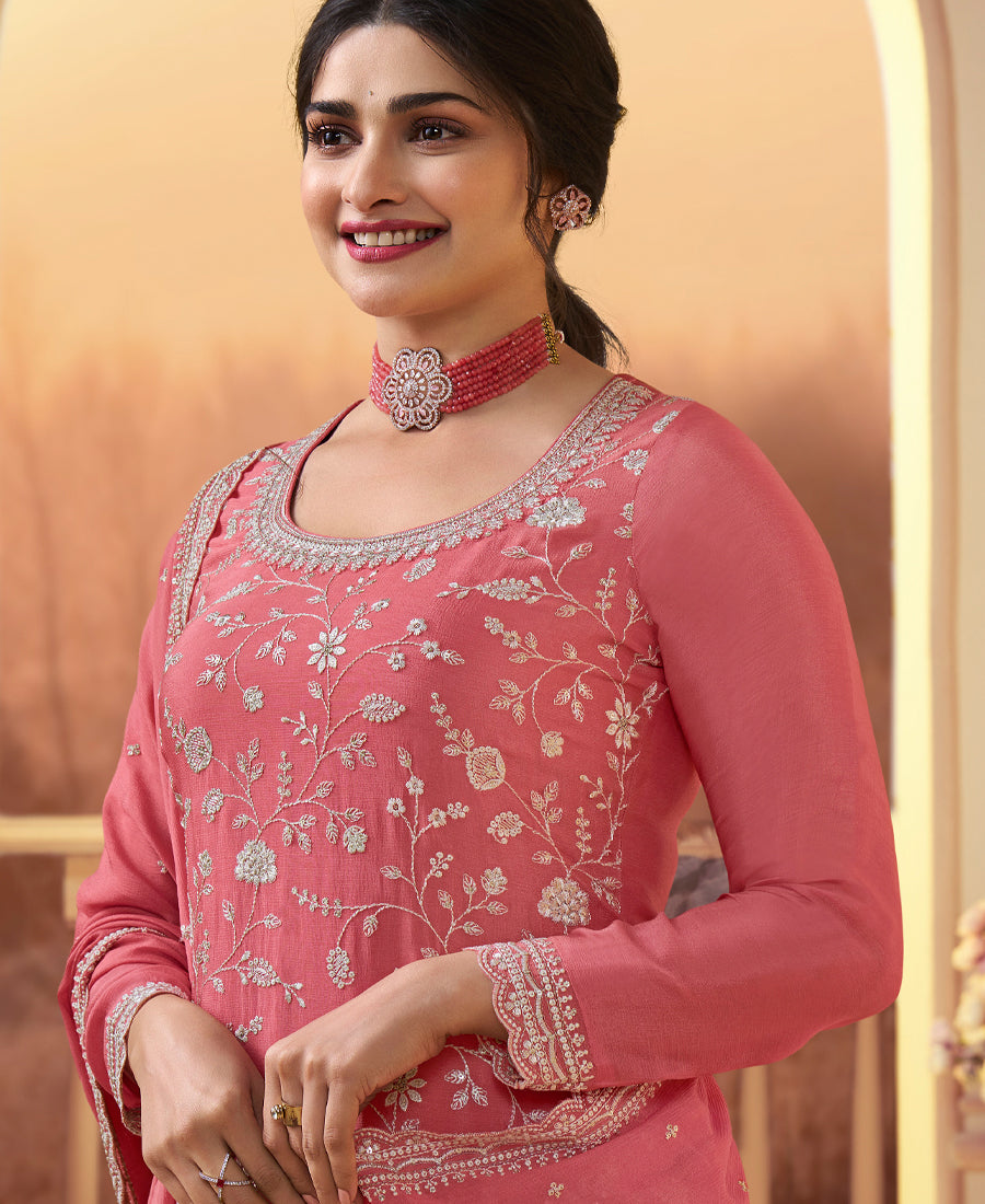 Designer Peach Festival Wear Chinon Straight Suit Collection