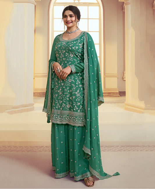 Designer Pista Green Festival Wear Chinon Straight Suit Collection