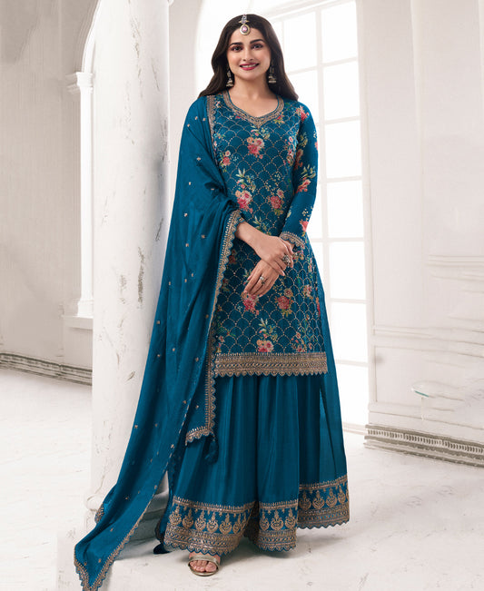 Prachi Desai'S Elegant Blue Floral Printed Straight Suit For Women Pakistani Style