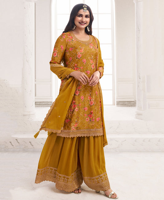 Prachi Desai'S Elegant Yellow Floral Printed Straight Suit For Women Pakistani Style