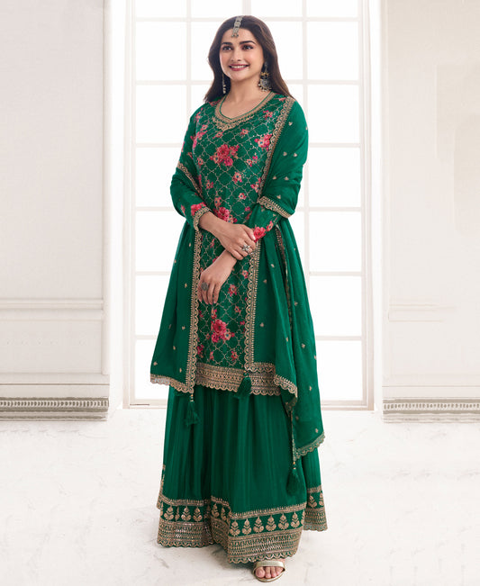 Prachi Desai'S Elegant Green Floral Printed Straight Suit For Women Pakistani Style