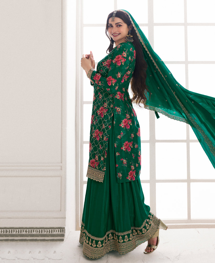 Prachi Desai'S Elegant Green Floral Printed Straight Suit For Women Pakistani Style