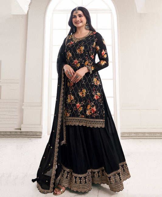 Prachi Desai'S Elegant Black Floral Printed Straight Suit For Women Pakistani Style