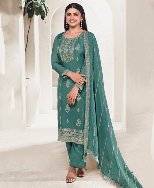 New Designer Sky Blue Organza Silk Straight Suit For Women