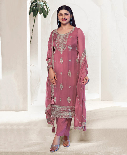 New Designer Pink Organza Silk Straight Suit For Women