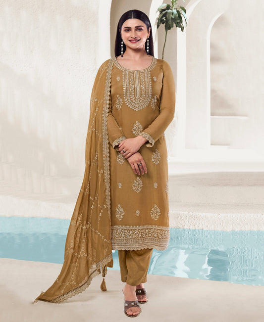 New Designer Mustard Organza Silk Straight Suit For Women