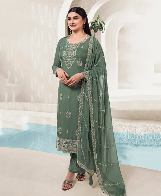 New Designer Pista Green Organza Silk Straight Suit For Women