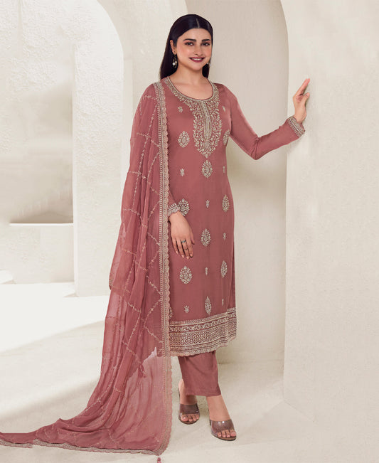 New Designer Peach Organza Silk Straight Suit For Women