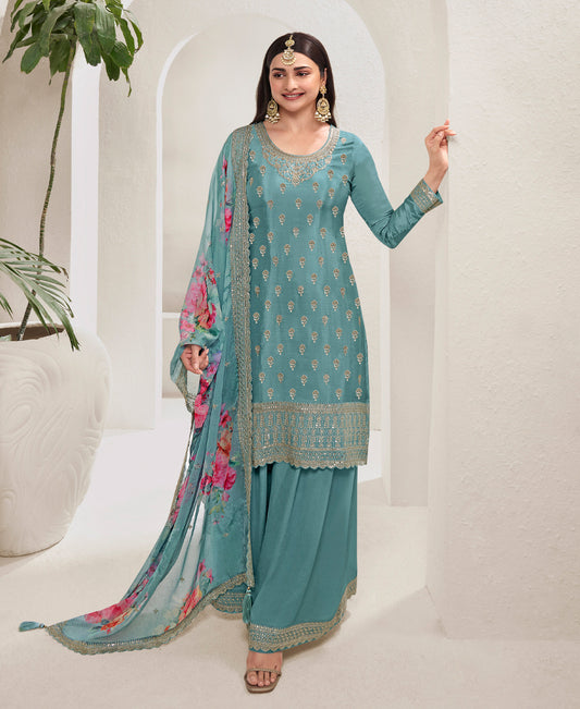 Designer Sky Blue Chifon Straight Suit For Women