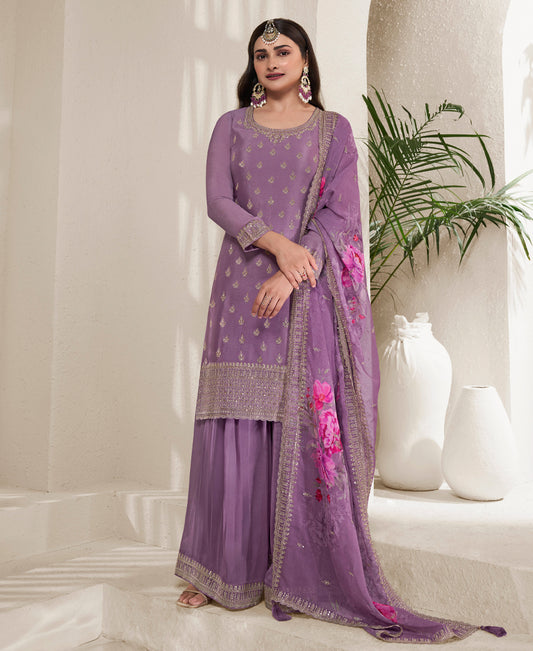 Designer Violet Chifon Straight Suit For Women