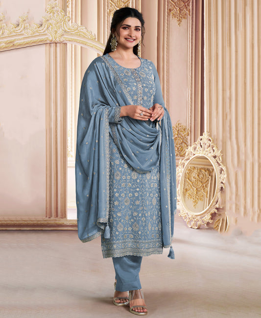 Baby Blue Chinon Silk Straight Suit For Women