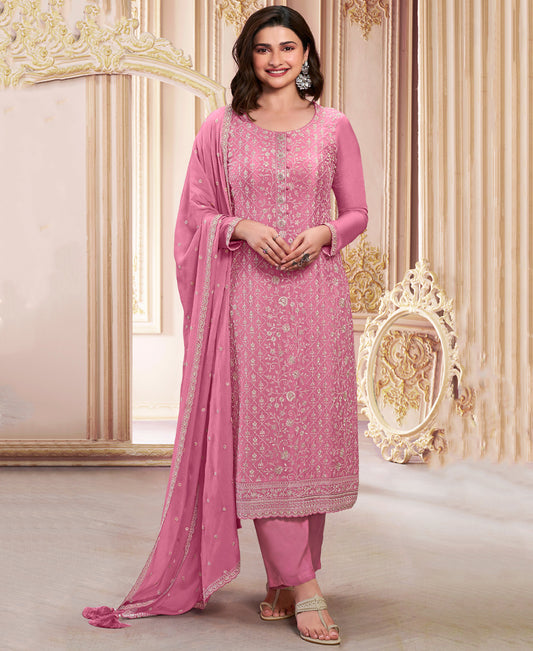 Pink Chinon Silk Straight Suit For Women