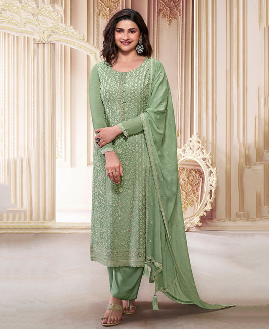 Pista Green Chinon Silk Straight Suit For Women