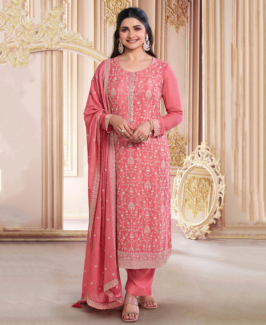 Peach Chinon Silk Straight Suit For Women