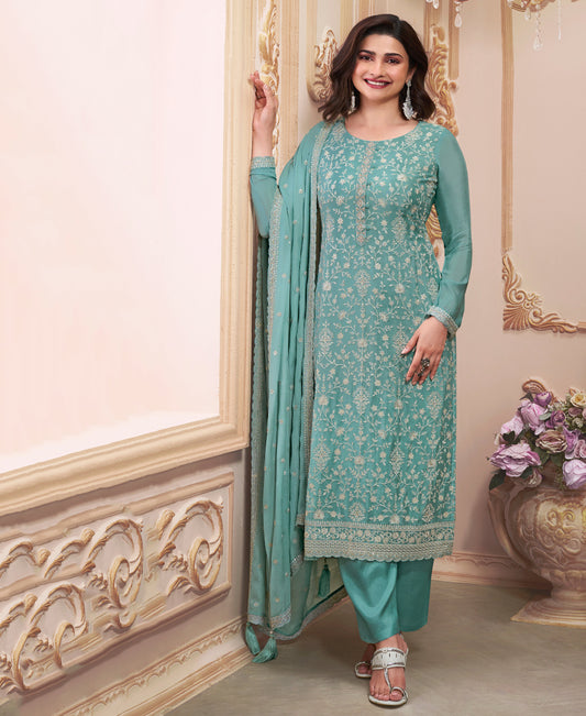 Sky Blue Chinon Silk Straight Suit For Women