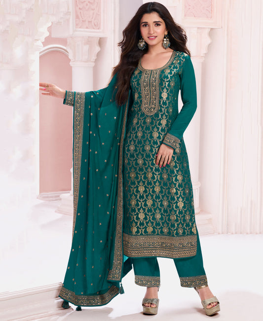 Silk jaqaurd green straight suit