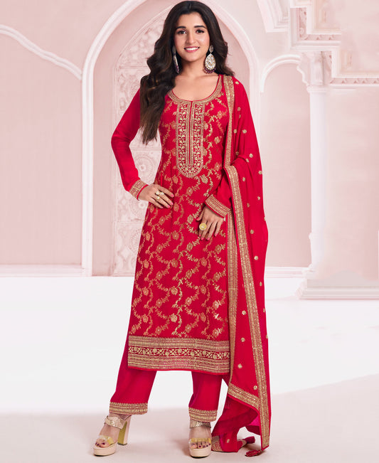 Silk jaqaurd red straight suit