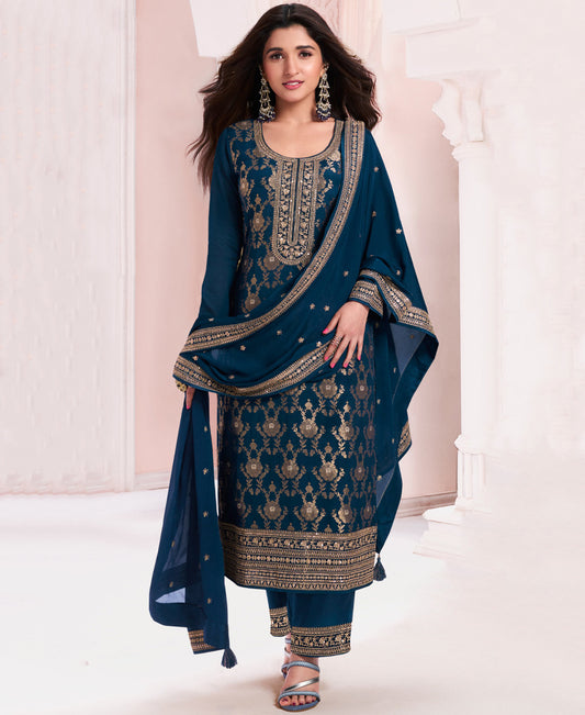 Silk jaqaurd navy blue straight suit