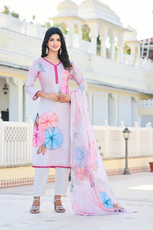 Women's Floral Printed Cotton Fabric Straight Kurta, Pant Set.