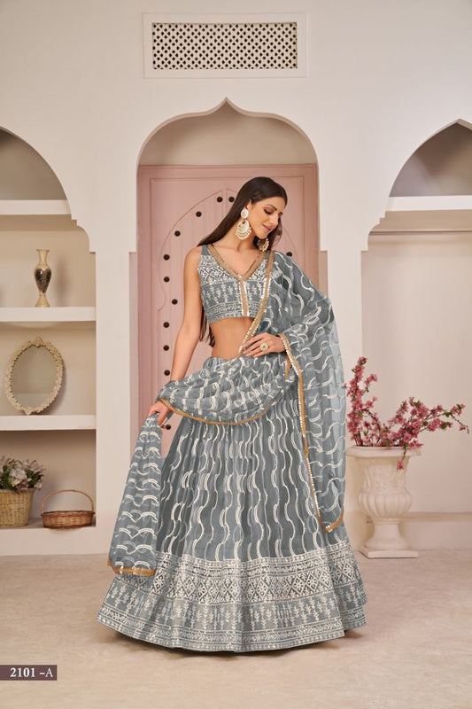 Grey embroidered net semi stitched lehenga