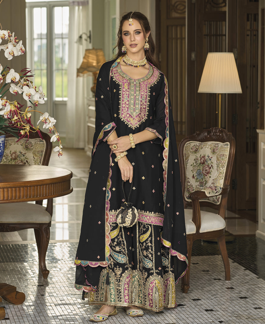Black  Chinon  Traditional Thread Sequin Embroidery Work Kurta Set