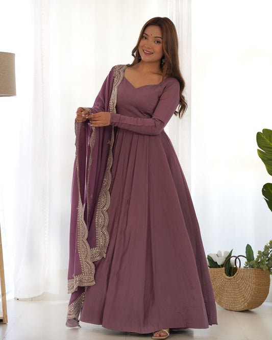 Mauve Pure Roman Silk Chanderi Fabric Fully Flared Anarkali Pant With Dupatta Set