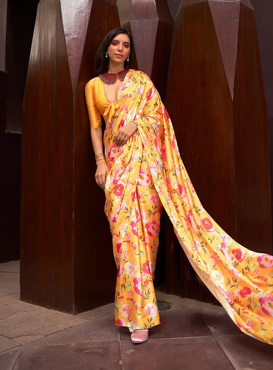 Yellow Floral Print Ethnic Sarees