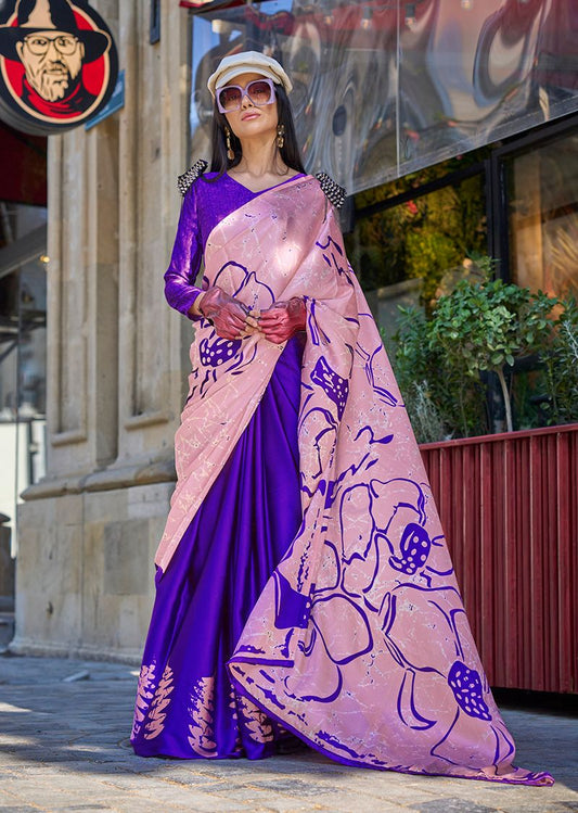 Baby pink floral print saree