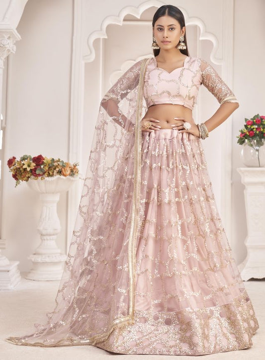 Light pink embroidered net semi stitched lehenga