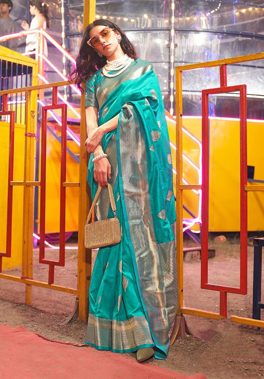 Teal hand woven saree