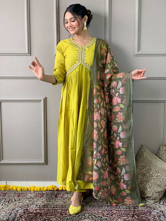 Lemon Viscose Chanderi Kurta Set  With Embroidery