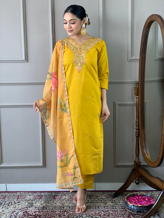 Mustard Viscose Chanderi Kurta Set  With Embroidery